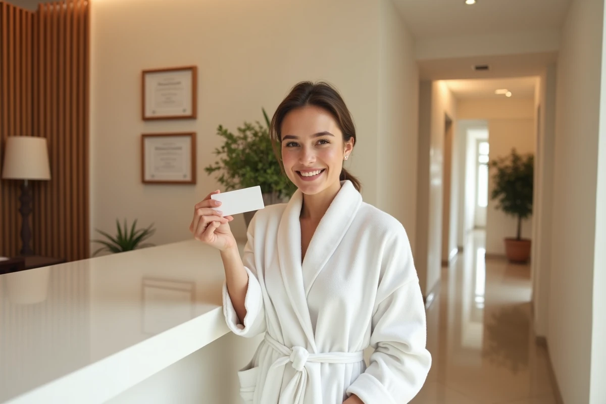 Jeune femme en peignoir blanc souriante à l'accueil d'un salon de bronzage urbain à Paris