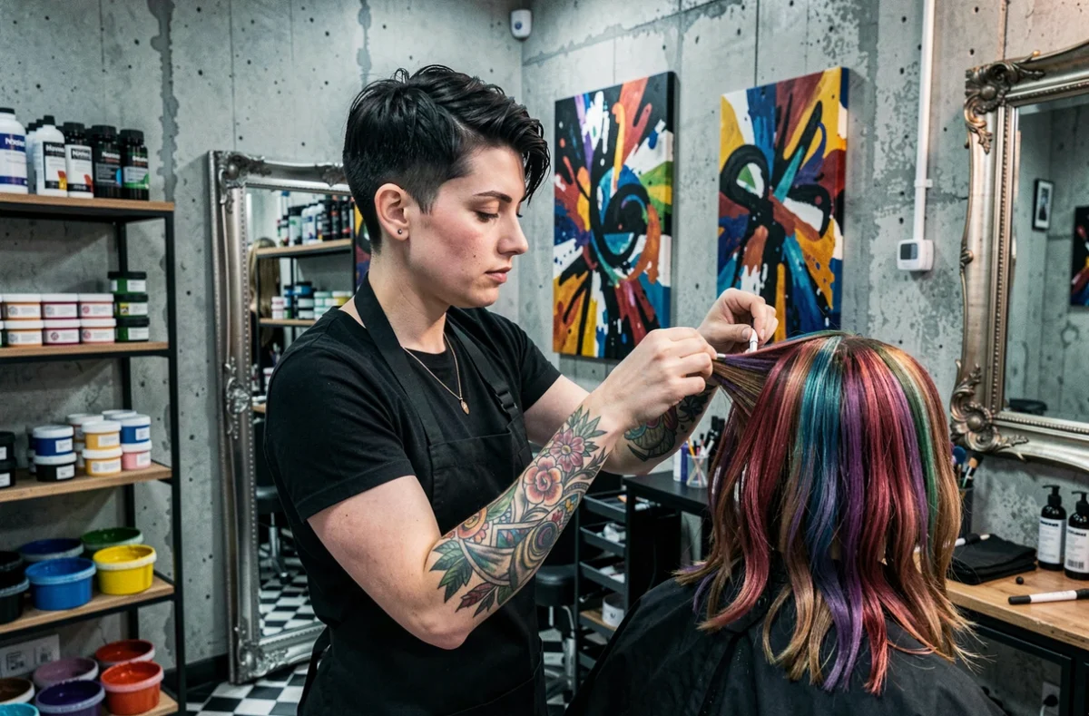 Coiffeuse créative appliquant une coloration dans le salon Addict et Cie en centre-ville de Nancy