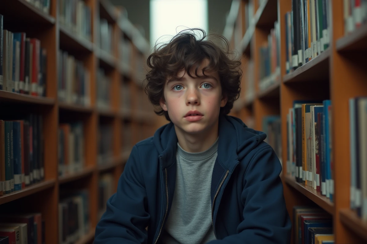 Adolescent pensif dans une bibliothèque chaleureuse