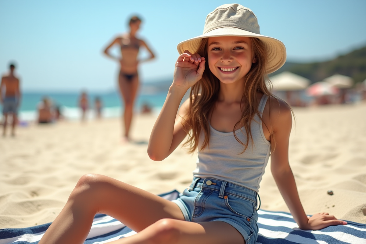 Adolescente riant en maillot et shorts sur la plage