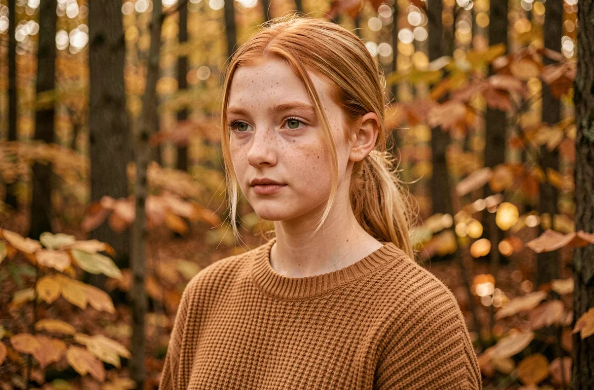 Adolescente aux cheveux roux et aux yeux verts dans une forêt en automne, photo naturaliste illustrant la rareté génétique de la combinaison rousseur et yeux verts
