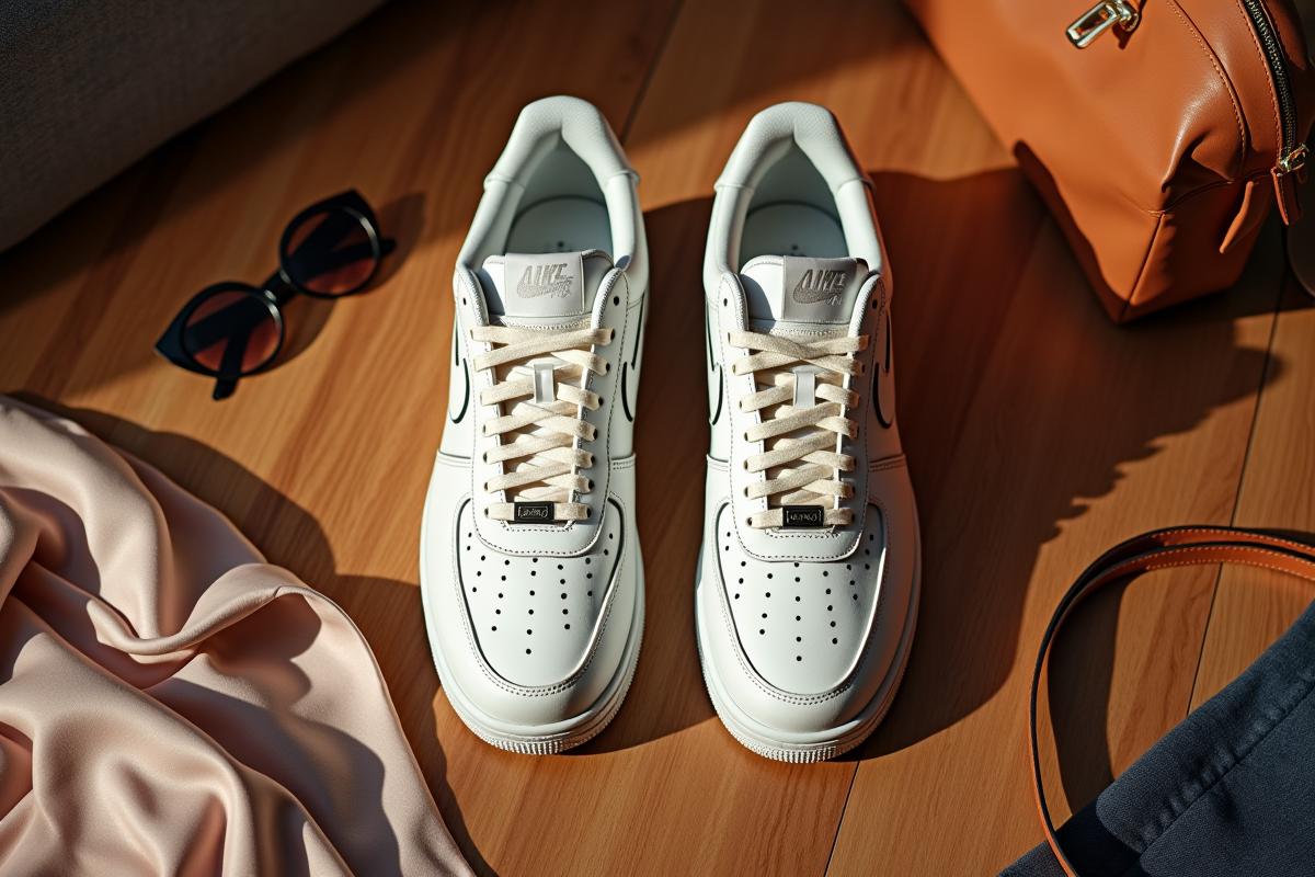 Détail des sneakers Air Force One sur un sol en bois avec accessoires élégants