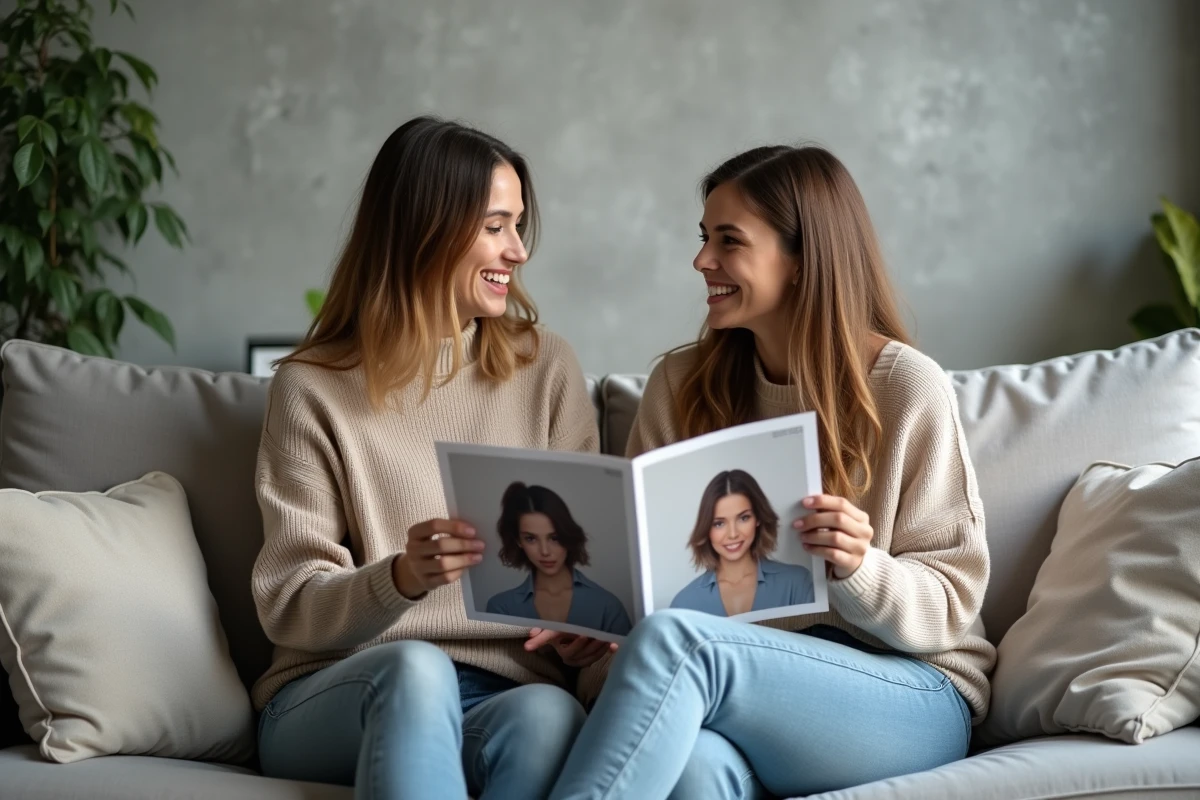 Deux amies testant des coupes de cheveux ensemble sur un canapé avec un magazine de coiffure