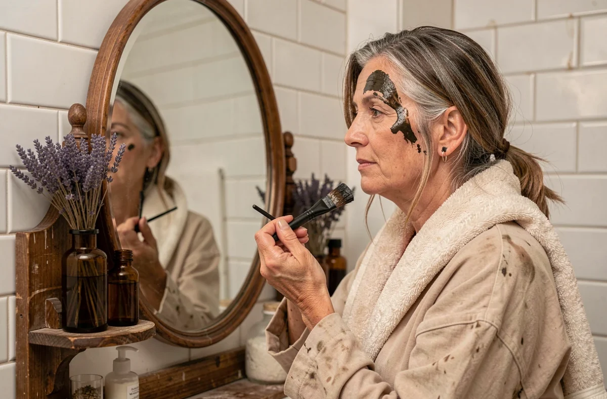 Femme mature appliquant un soin colorant naturel maison sur ses cheveux blancs devant un miroir de salle de bain vintage