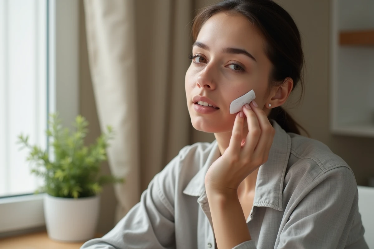 Jeune femme appliquant une crème Filorga sur peau grasse à son bureau dans un intérieur moderne