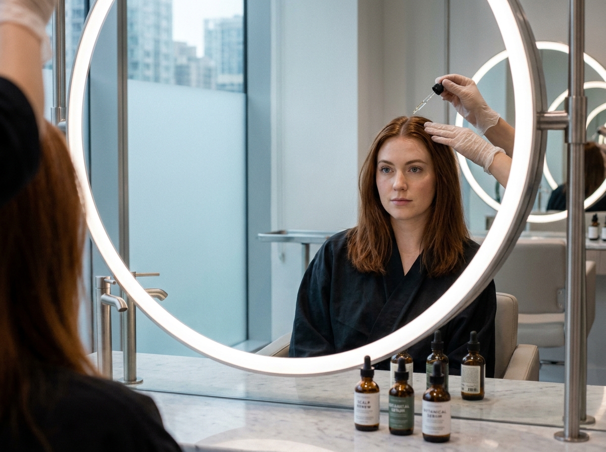 Application d'un sérum capillaire sur le cuir chevelu lors d'un soin head spa dans un salon moderne