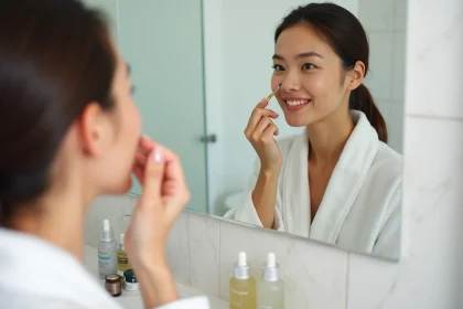 Femme appliquant un sérum visage Typology dans une salle de bain minimaliste avec des flacons de soins sur le comptoir en marbre