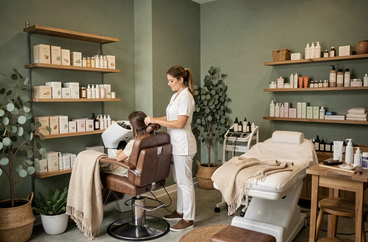 Professionnelle du salon Atmosphair à Nancy dans un espace combinant coiffure et soins esthétiques