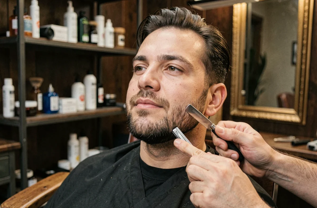 Barbier définissant les contours d'un bouc menton avec un rasoir droit dans un salon de coiffure moderne, technique professionnelle de rasage