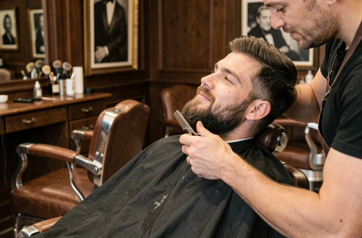 Barbier professionnel entretenant la barbe d'un client avec des ciseaux dans un salon de coiffure traditionnel pour soigner les pointes sèches
