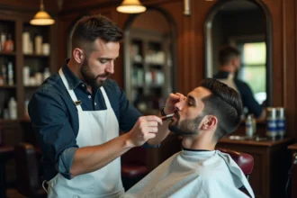 Barbier expert façonnant la moustache d'un client avec un rasoir droit à manche en bois dans un salon de coiffure vintage