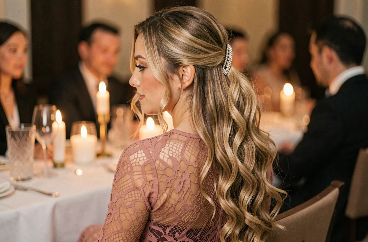 Femme aux longs cheveux fins bouclés avec barrette strass dans un restaurant chic à la lueur des bougies, robe dentelle rose