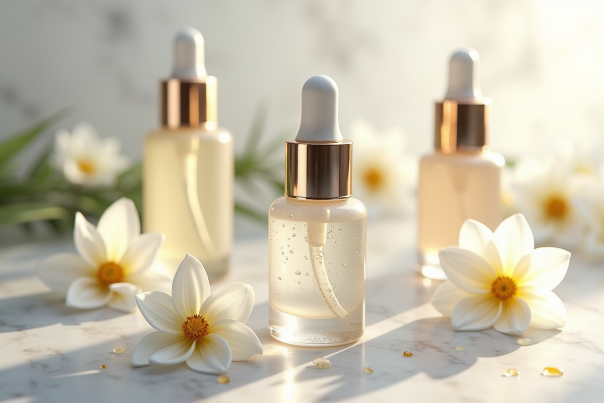 Plan rapproché de bouteilles de serum sur marbre avec fleurs blanches