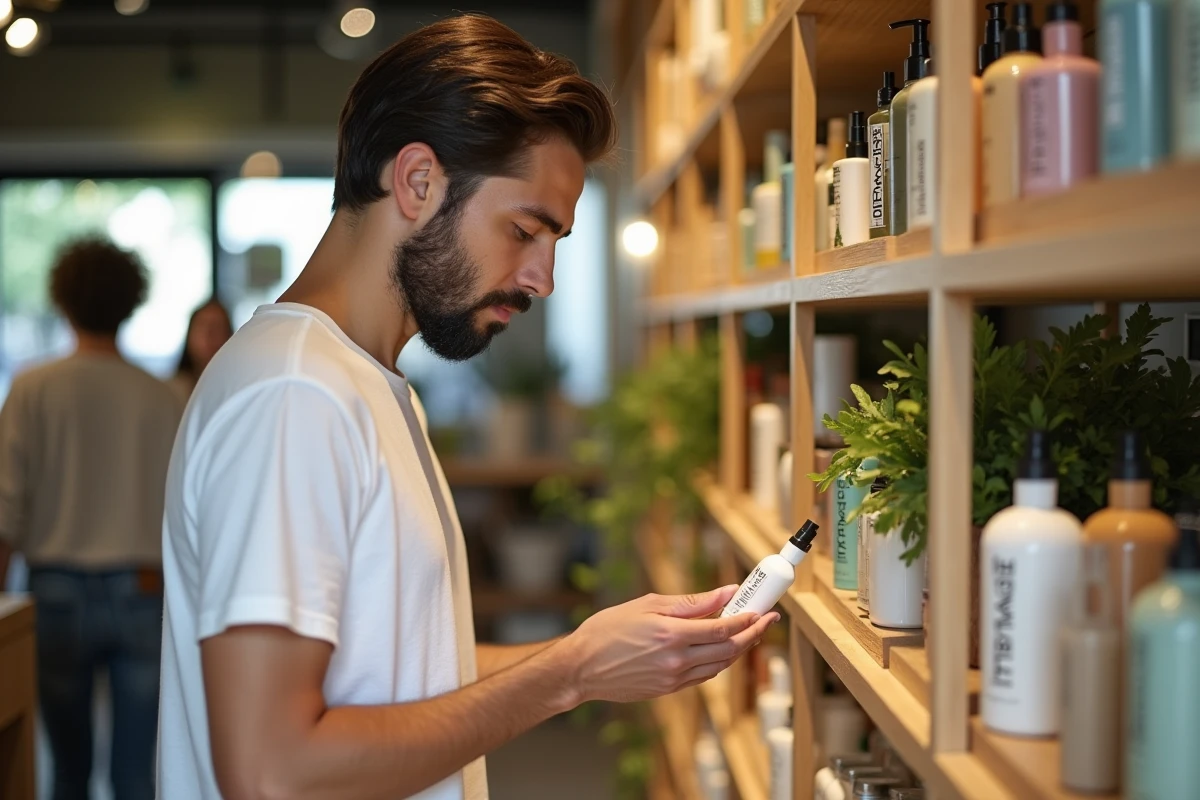 Jeune homme parcourant produits cosmetiques bio en boutique