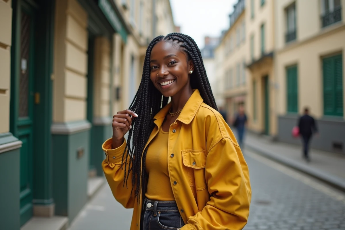 Jeune femme arborant des box braids longues dans une rue pavée de Montmartre à Paris, style afro contemporain