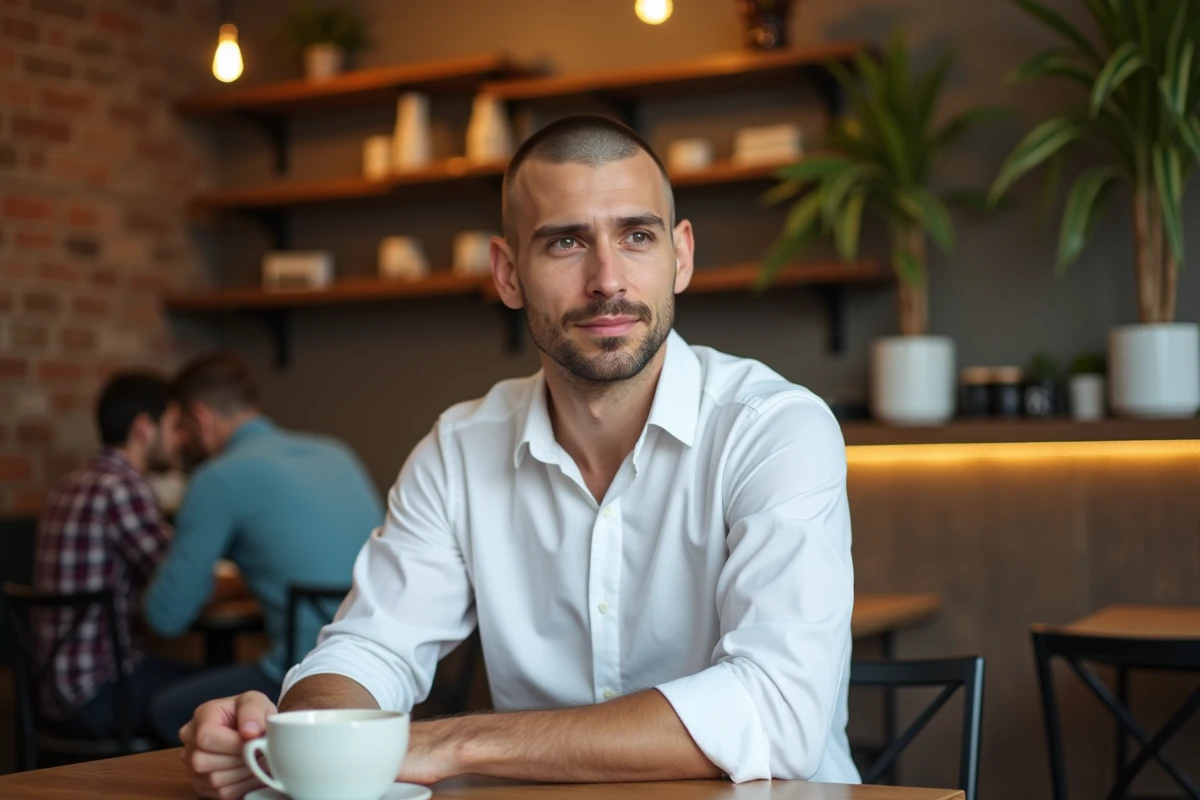 Homme aux cheveux en buzz cut discret assis dans un café, coupe nette avec fondu sur les côtés et chemise blanche décontractée