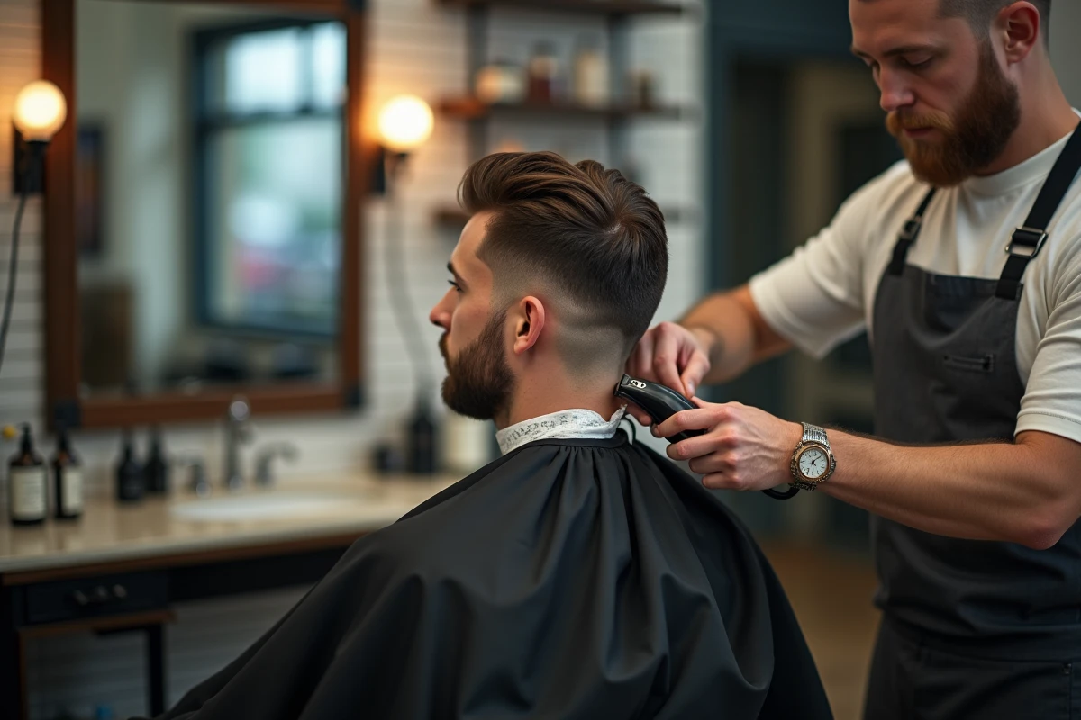 Barbier professionnel en train de réaliser un buzz cut sur un client dans un salon de coiffure moderne, vue de dos en trois quarts révélant la coupe en cours