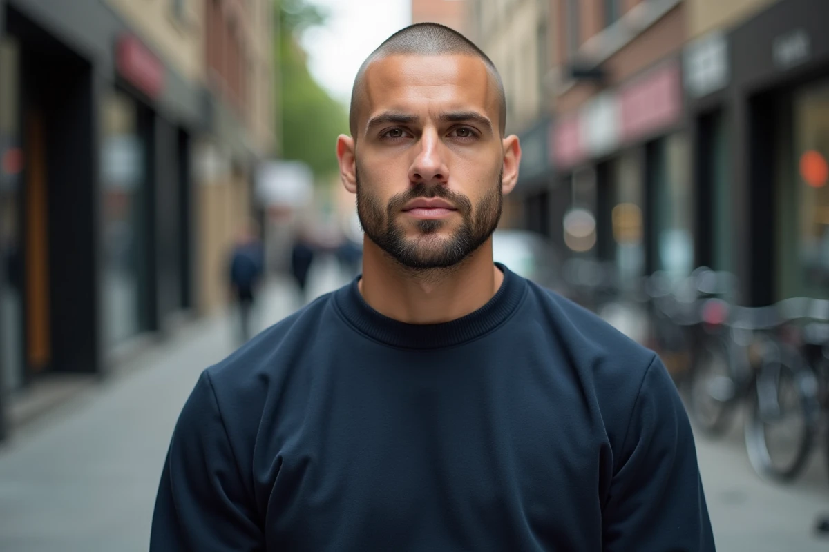 Jeune homme avec un buzz cut ultra court presque rasé dans un cadre urbain extérieur, portant un sweat marine avec barbe courte assortie