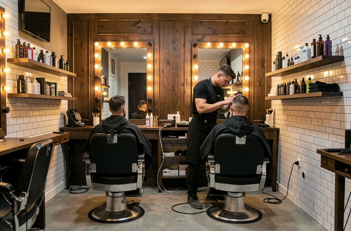Intérieur du salon By RR Barber à Rouen avec chaises en cuir noir, miroirs éclairés et barbier au travail