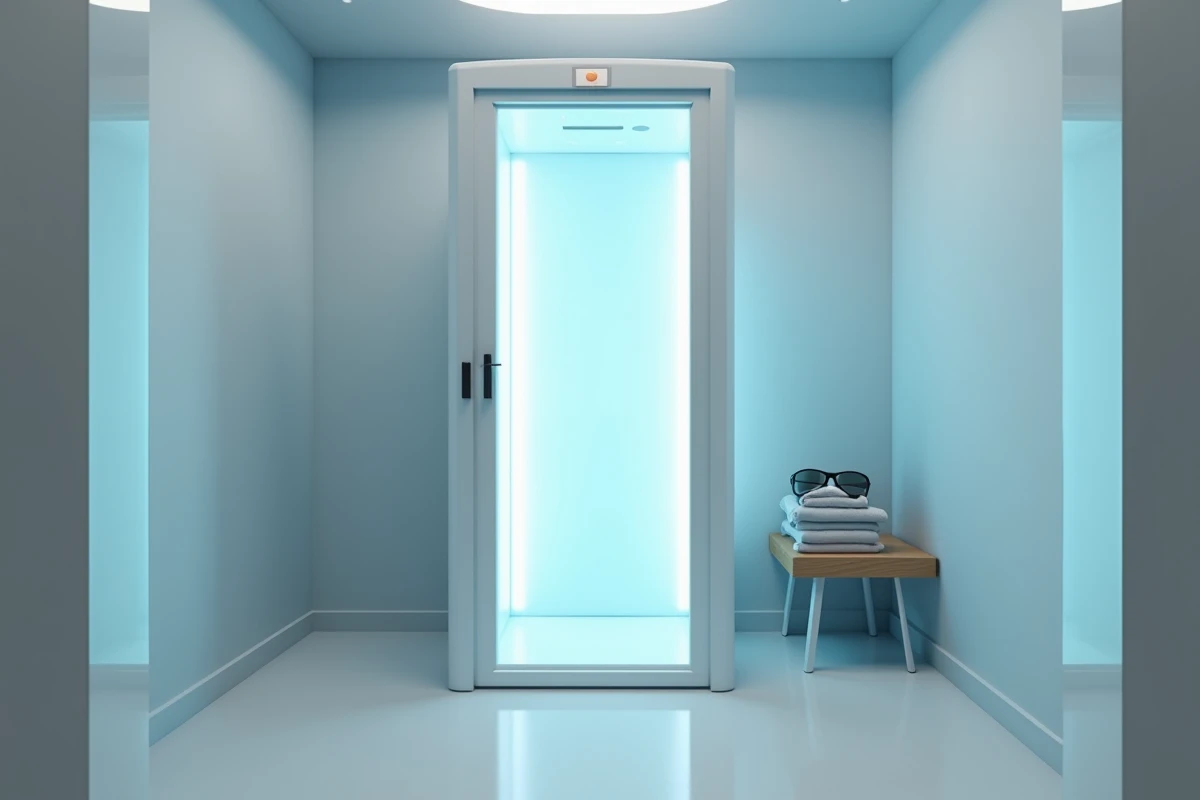 Cabine de bronzage UV moderne propre et équipée dans un centre de bronzage parisien