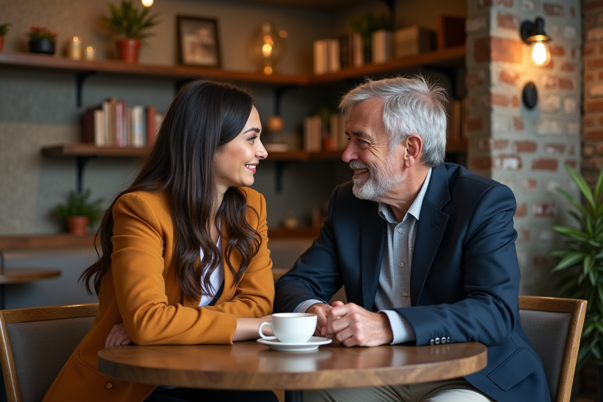 Jeune femme nord-africaine et homme asiatique au café à Lyon