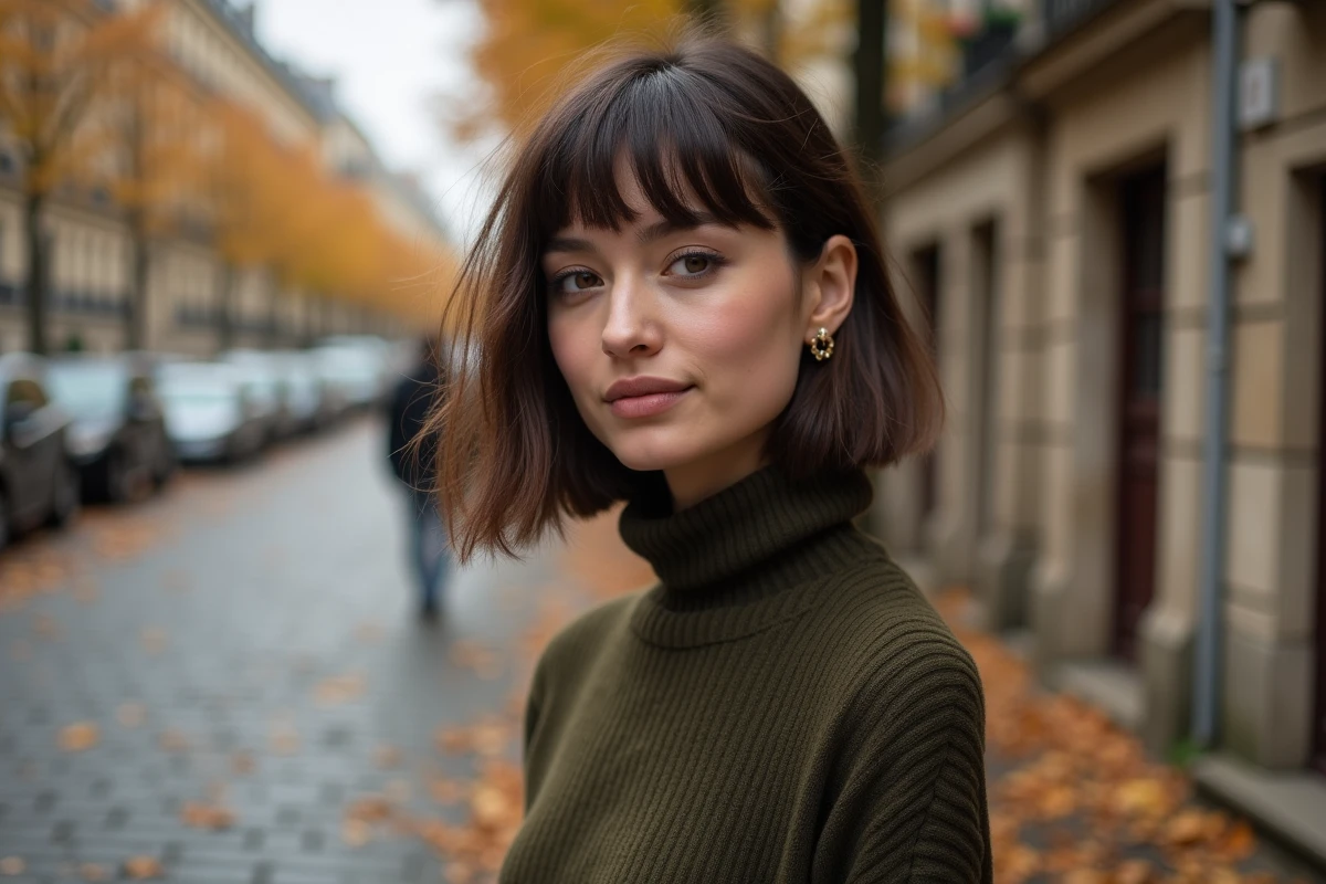 Femme avec un carré asymétrique texturé dans une rue pavée parisienne en automne