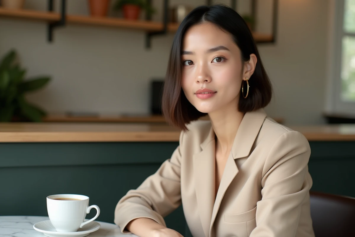Femme élégante avec un carré lisse et brillant dans un café parisien minimaliste