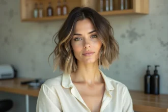 Femme au visage rond avec un carré plongeant court destructuré dans un salon de coiffure minimaliste
