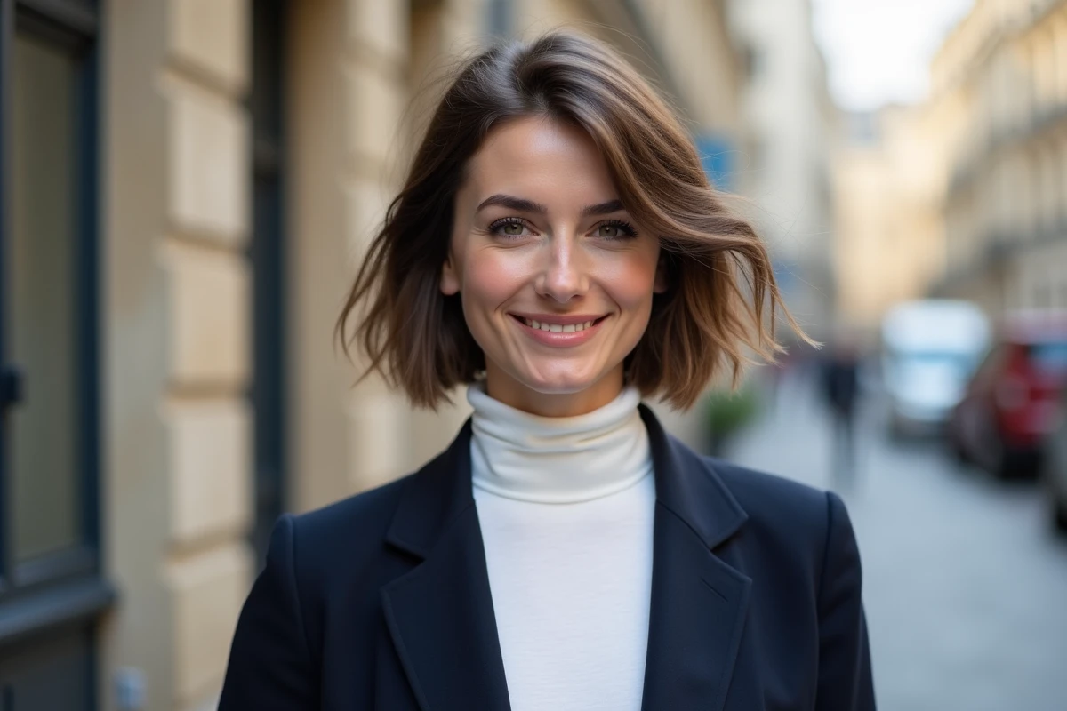 Femme avec un carré plongeant court destructuré dans un contexte urbain parisien, visage rond mis en valeur