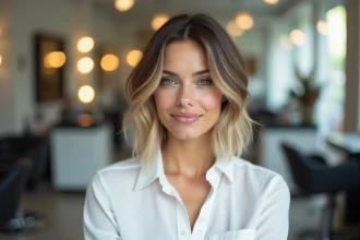 Femme aux cheveux courts en carré revisité avec balayage dans un salon de coiffure moderne