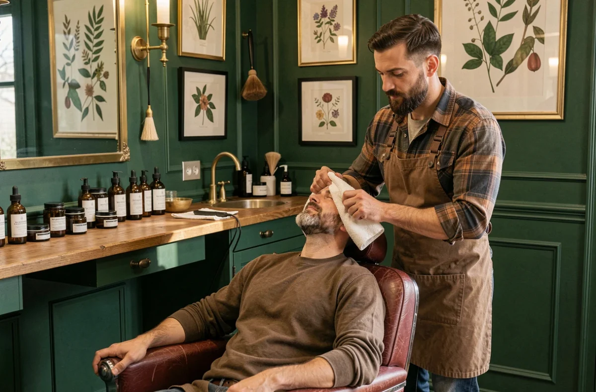 Salon Cher Monsieur à Rouen Saint-Sever, barbier appliquant une serviette chaude sur un client dans un cadre raffiné vert et laiton