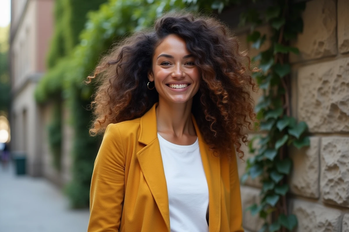 Femme aux cheveux bouclés volumineux et bien définis en extérieur, coiffure naturelle sans effet figé grâce au gel en poudre