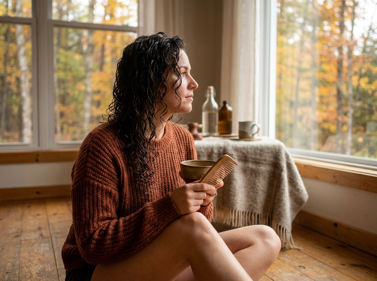Femme aux boucles longues et définies laissant sécher ses cheveux naturellement en automne, soin des cheveux bouclés en toutes saisons