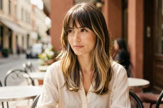 Femme aux cheveux bruns avec frange rideau et mèches miel dans un café parisien