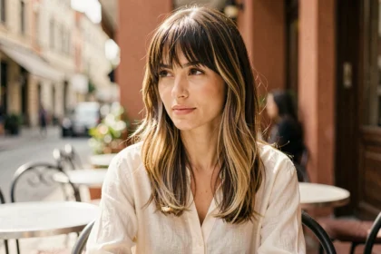 Femme aux cheveux bruns avec frange rideau et mèches miel dans un café parisien