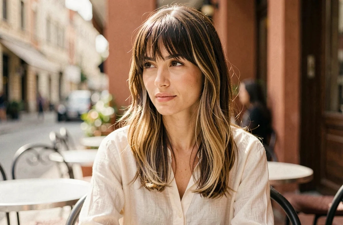 Femme aux cheveux bruns avec frange rideau et mèches miel dans un café parisien