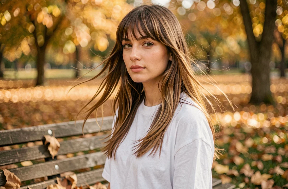 Femme brune avec frange rideau et mèches miel photographiée dans un parc en automne