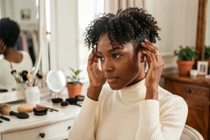 Femme aux cheveux frisés courts en coupe tapered naturelle se regardant dans un miroir de coiffeuse