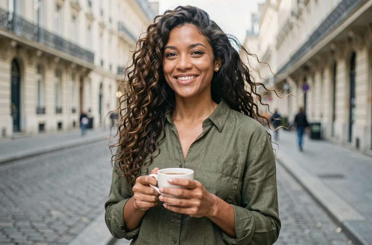 Femme aux longs cheveux bouclés naturels dans une rue parisienne tenant un café avec un sourire décontracté