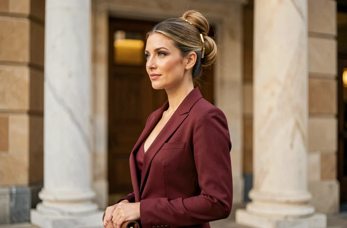 Femme avec un chignon torsadé sophistiqué et épingles dorées portant un blazer bordeaux à l'entrée d'un lieu de réception élégant