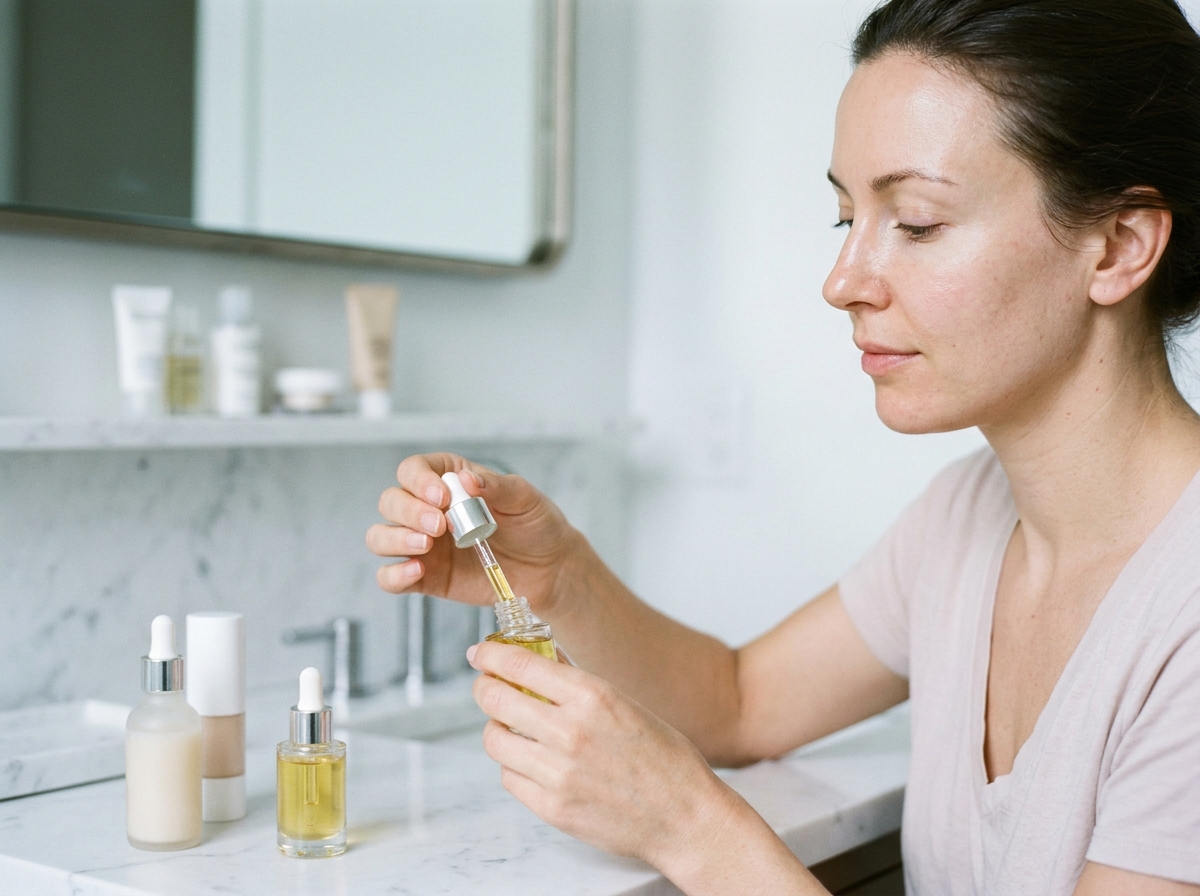 Femme appliquant un sérum visage devant son miroir de salle de bain, choisissant parmi plusieurs flacons de sérums skincare