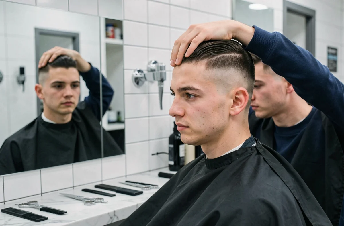 Jeune homme examinant sa coupe taper dans le miroir d'un barbier moderne avec expression dubitative