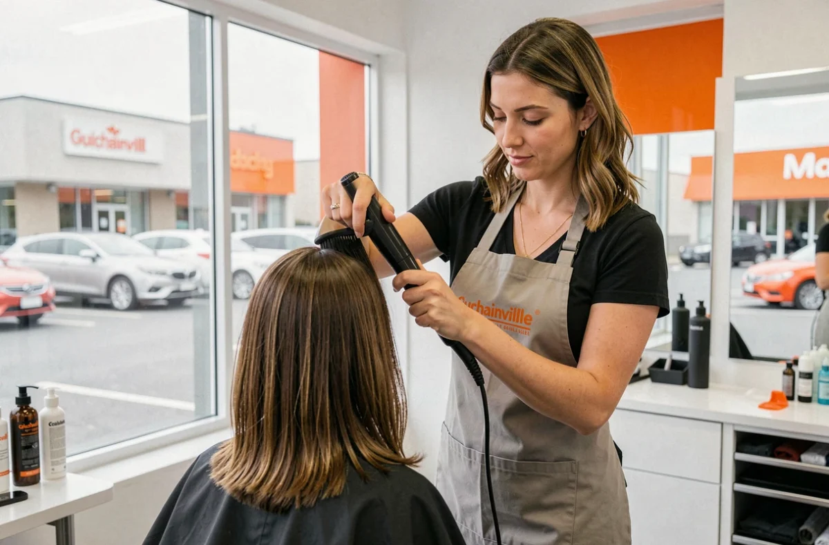 Coiffeuse Coiff&Co Guichainville réalisant un brushing près de la zone commerciale d'Évreux