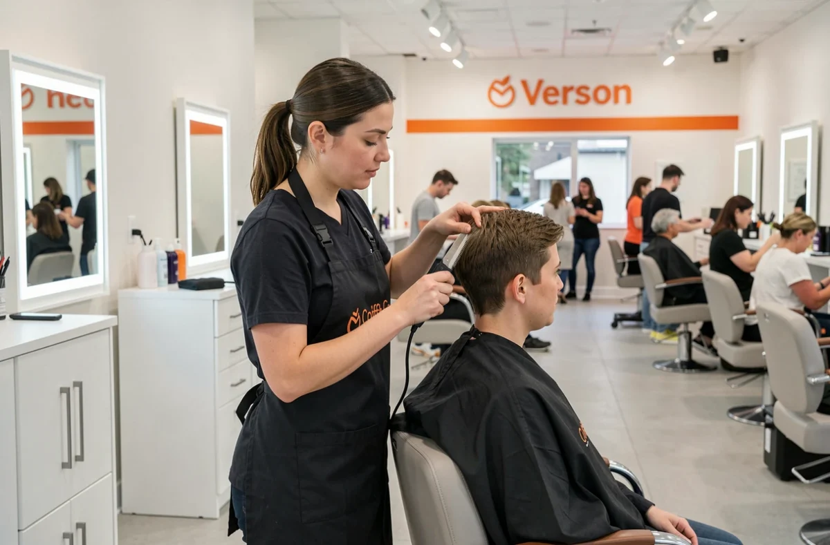 Coiffeuse Coiff&Co en tablier de marque réalisant une coupe à Vernon