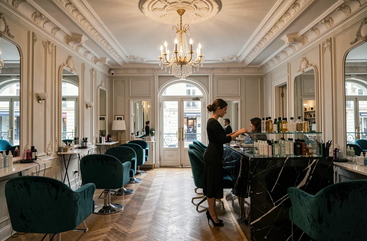 Intérieur luxueux du salon Coiffeur Signé Banière à Nancy avec mobilier haut de gamme et décor raffiné