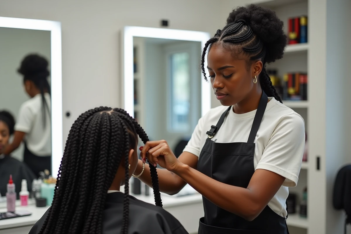 Coiffeuse afro professionnelle à son poste de tressage dans un salon moderne parisien, expertise et savoir-faire