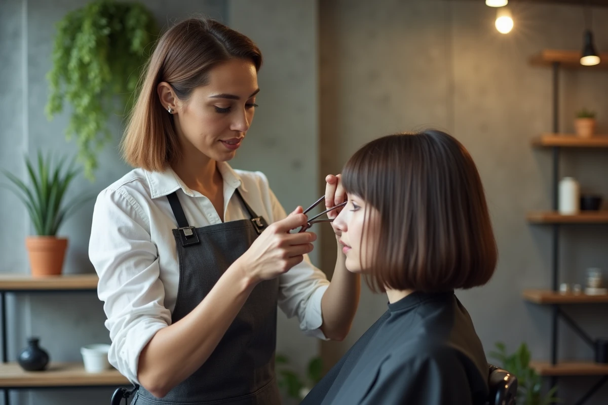 Coiffeuse professionnelle en train de réaliser une coupe carré flou avec dégradé sur une cliente en salon