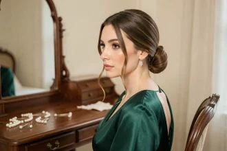 Femme aux cheveux longs fins coiffée d'un chignon bas élégant pour une soirée chic, assise devant un miroir vintage