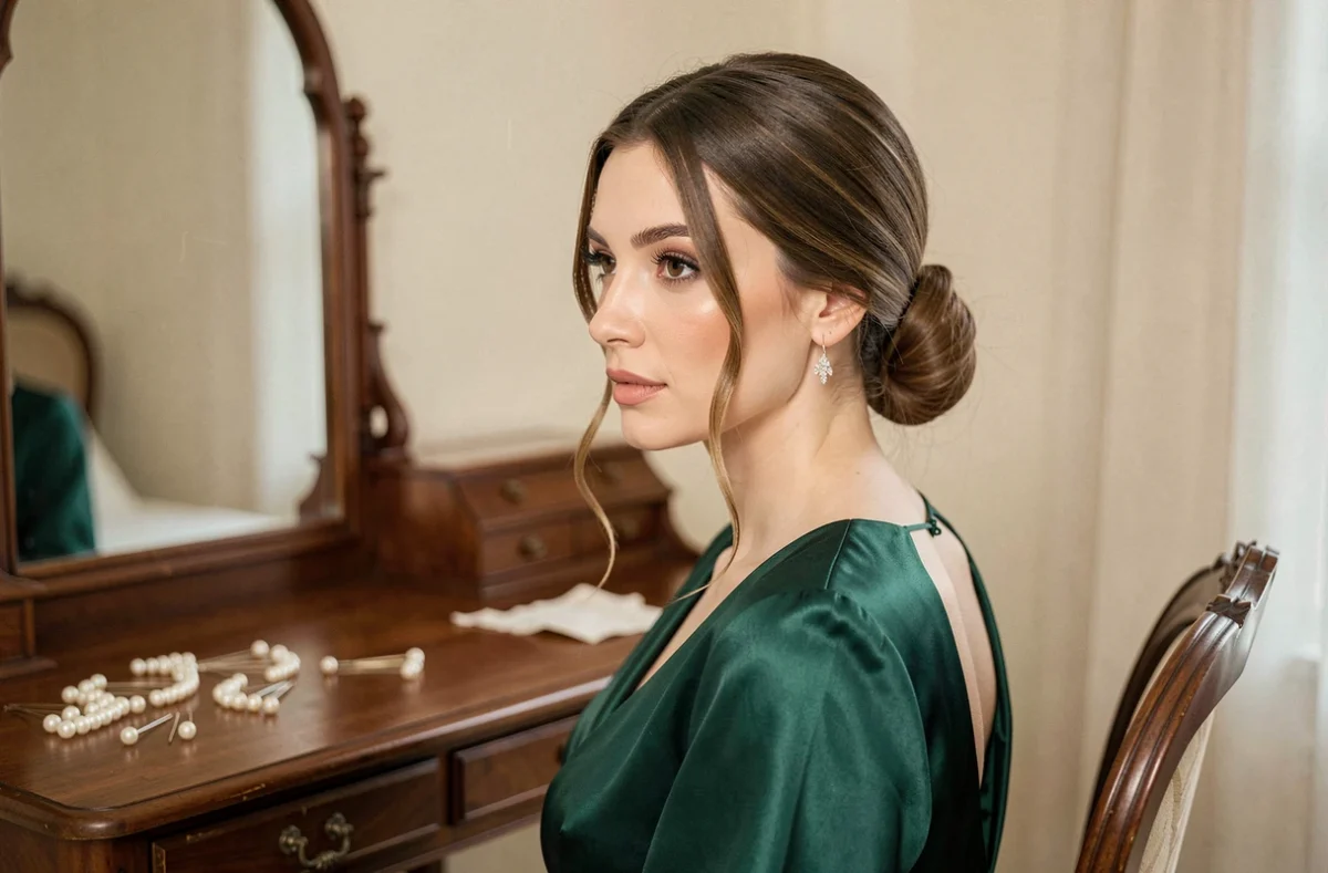 Femme aux cheveux longs fins coiffée d'un chignon bas élégant pour une soirée chic, assise devant un miroir vintage