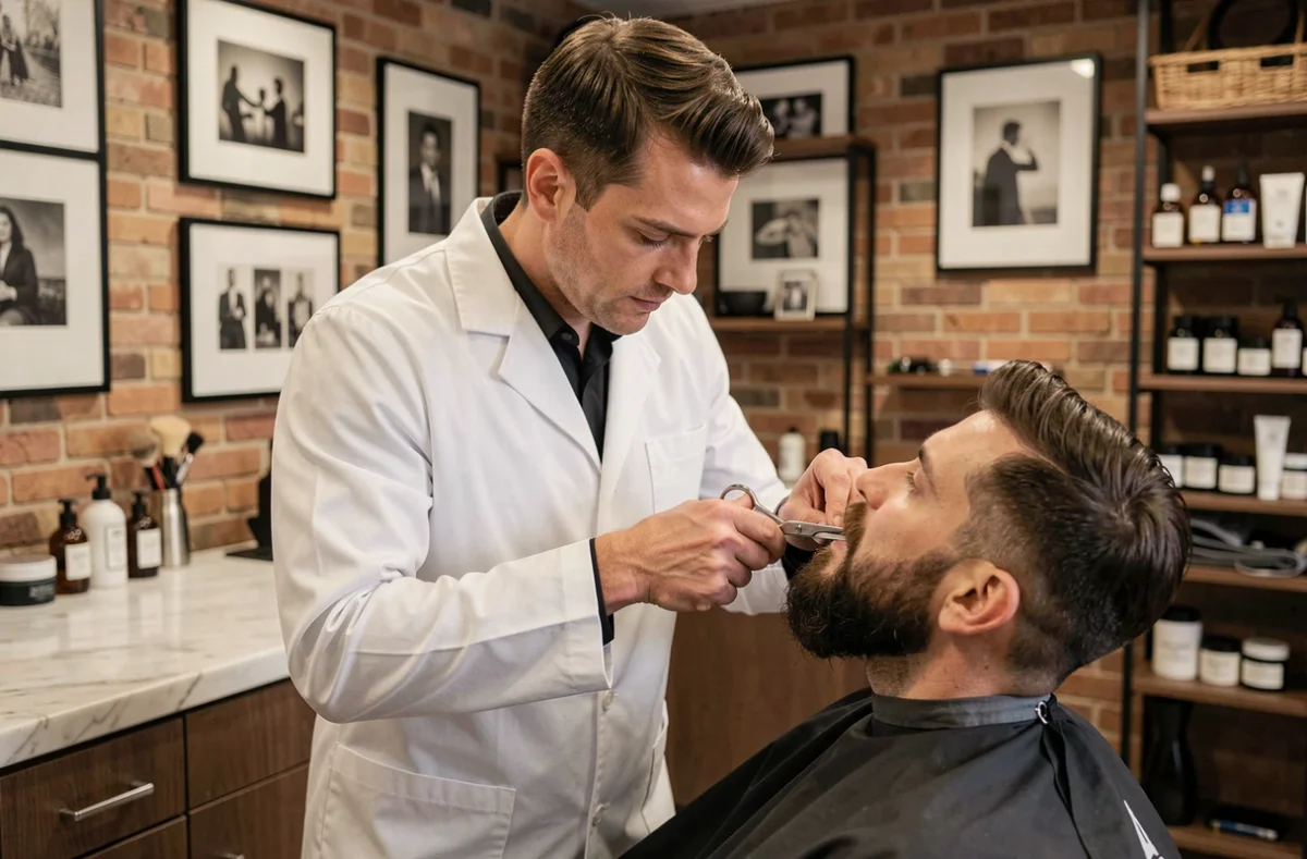 Barbier Colin Vautier à Caen réalisant une taille de barbe précise sur un client dans un salon moderne